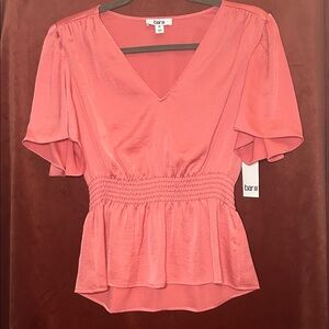 NWT Bar III Coral V-Neck Blouse with Smocked Detail